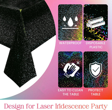 2 Pcs Black Holographic Laser Tablecloth Galaxy Space Table Cloth 40 * 108 Inch Shimmer Star TableCover for Halloween Birthday Graduation Neon Party Supplies Disposable Plastic Foil Table Decor