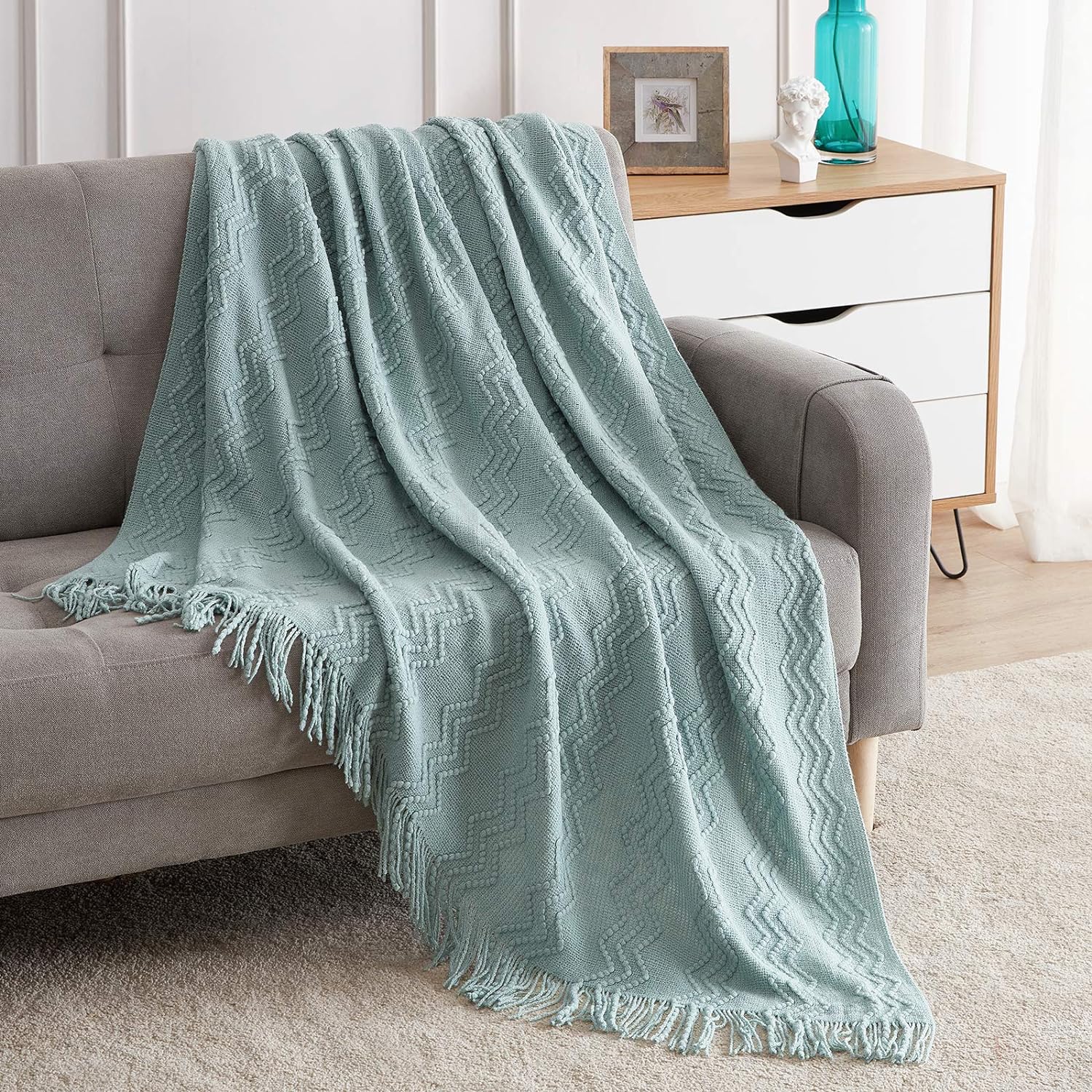 BOURINA Aqua Throw Blanket 60x80 Inch Boho Knitted Soft Throw Sofa Blanket