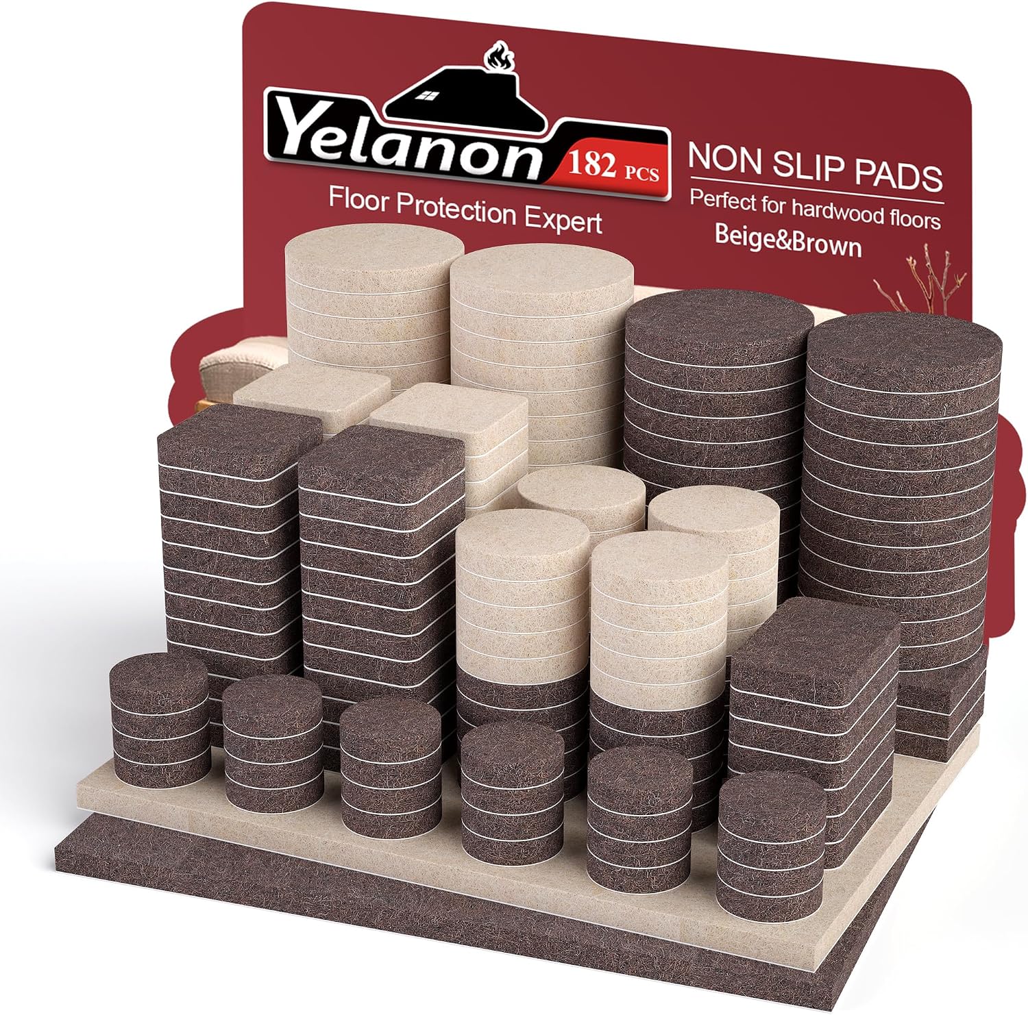 Yelanon Felt Furniture Pads 182 Pcs for Hardwood Floors Brown&Beige