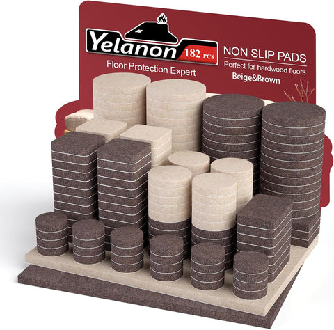 Yelanon Felt Furniture Pads 182 Pcs for Hardwood Floors Brown&Beige
