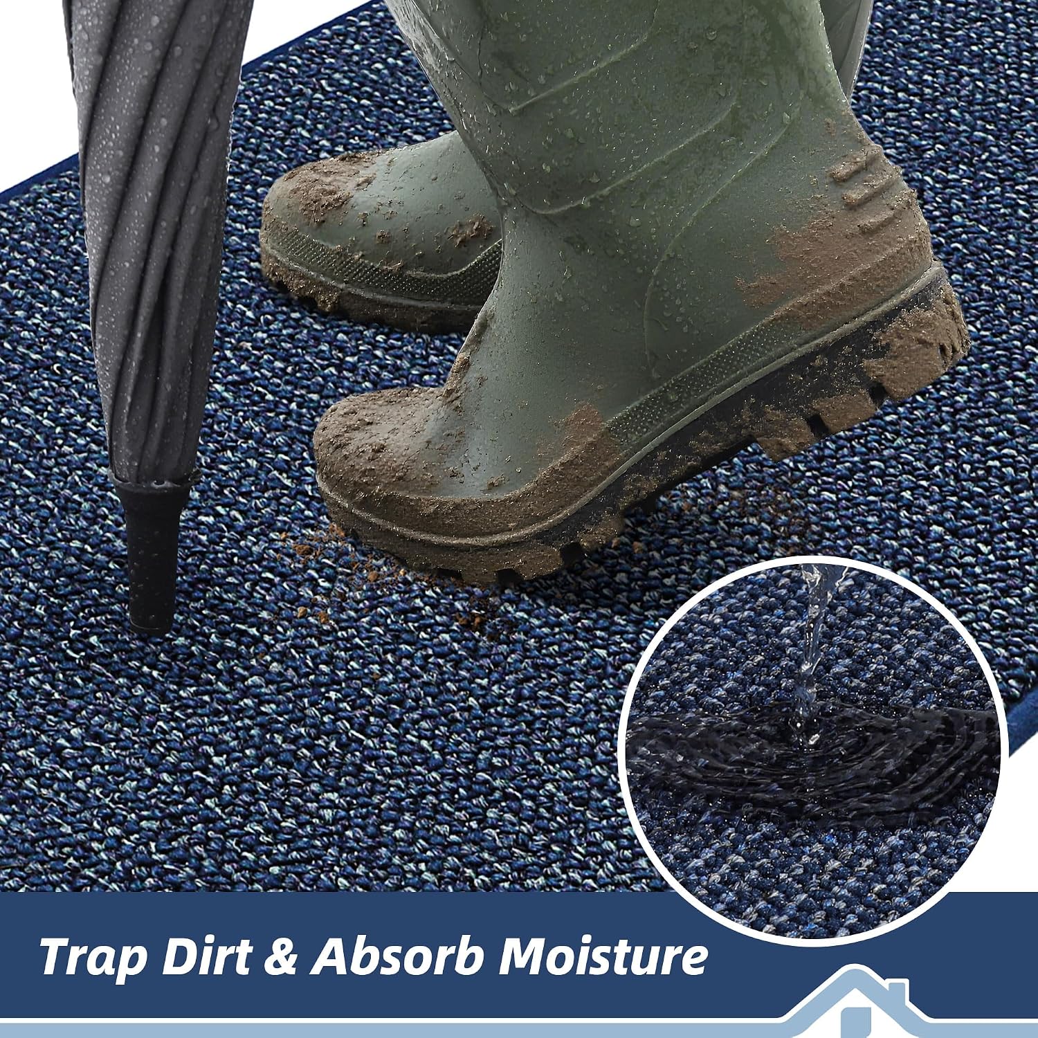 BEQHAUSE Dirt Trapper Door Mat 17" x 30" Half Circle Non Slip Rugs, Blue