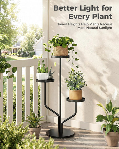 Bamworld 3 Tier Plant Stand Indoor Outdoor Metal Plant Shelf for Multiple Plants Pots Black
