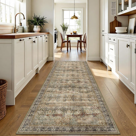 2x6 Hallway Runner Rug, Washable Vintage Retro Long Runner Rugs for Kitchen Laundry, Soft Ultra Thin Non Slip Low Pile Traditional Distressed Boho Carpet for Bedroom Bathroom, Charcoal Olive