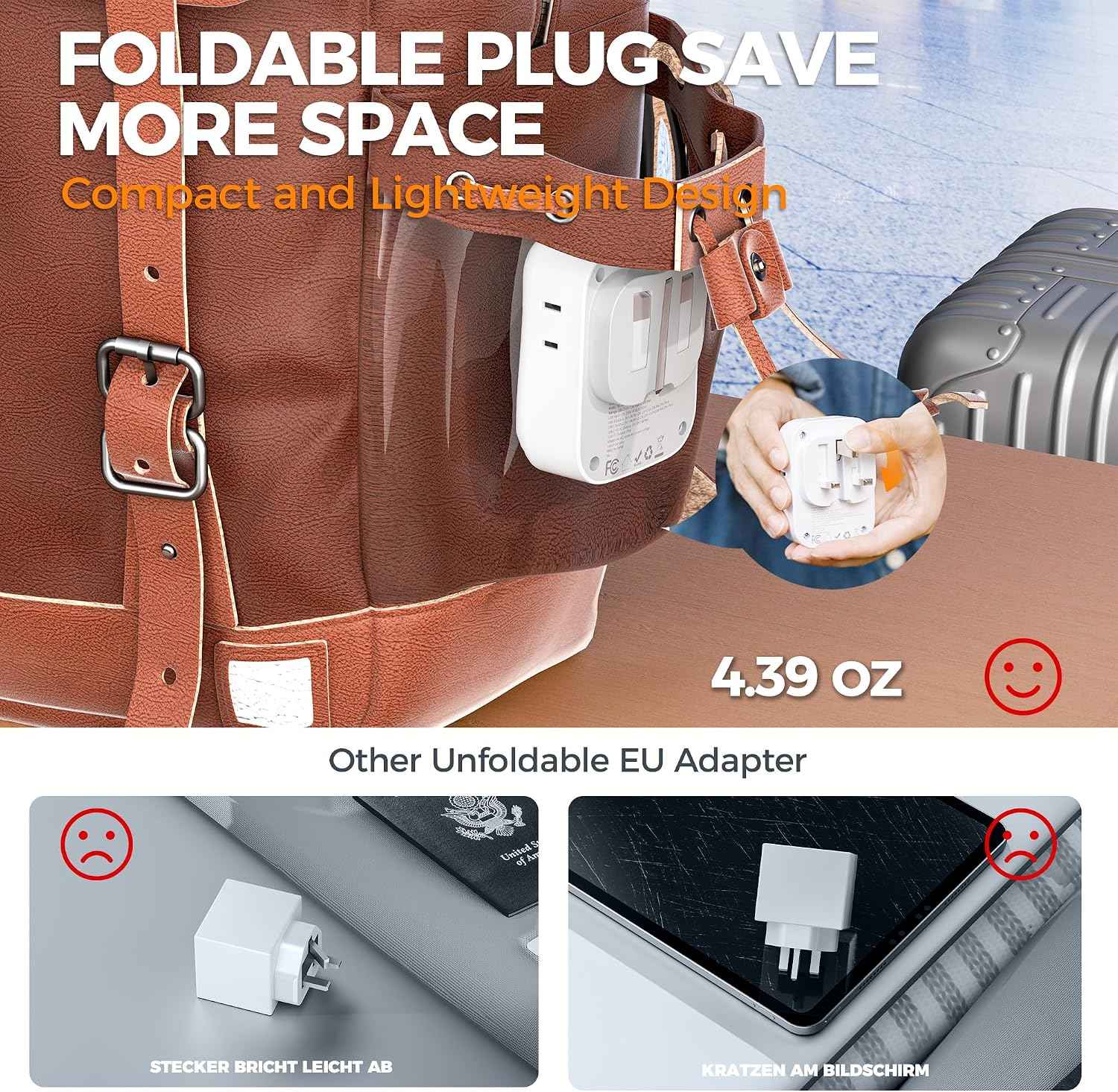 TESSAN UK Adapters for Travel, US to UK Ireland Plug Adapter 20W, Foldable