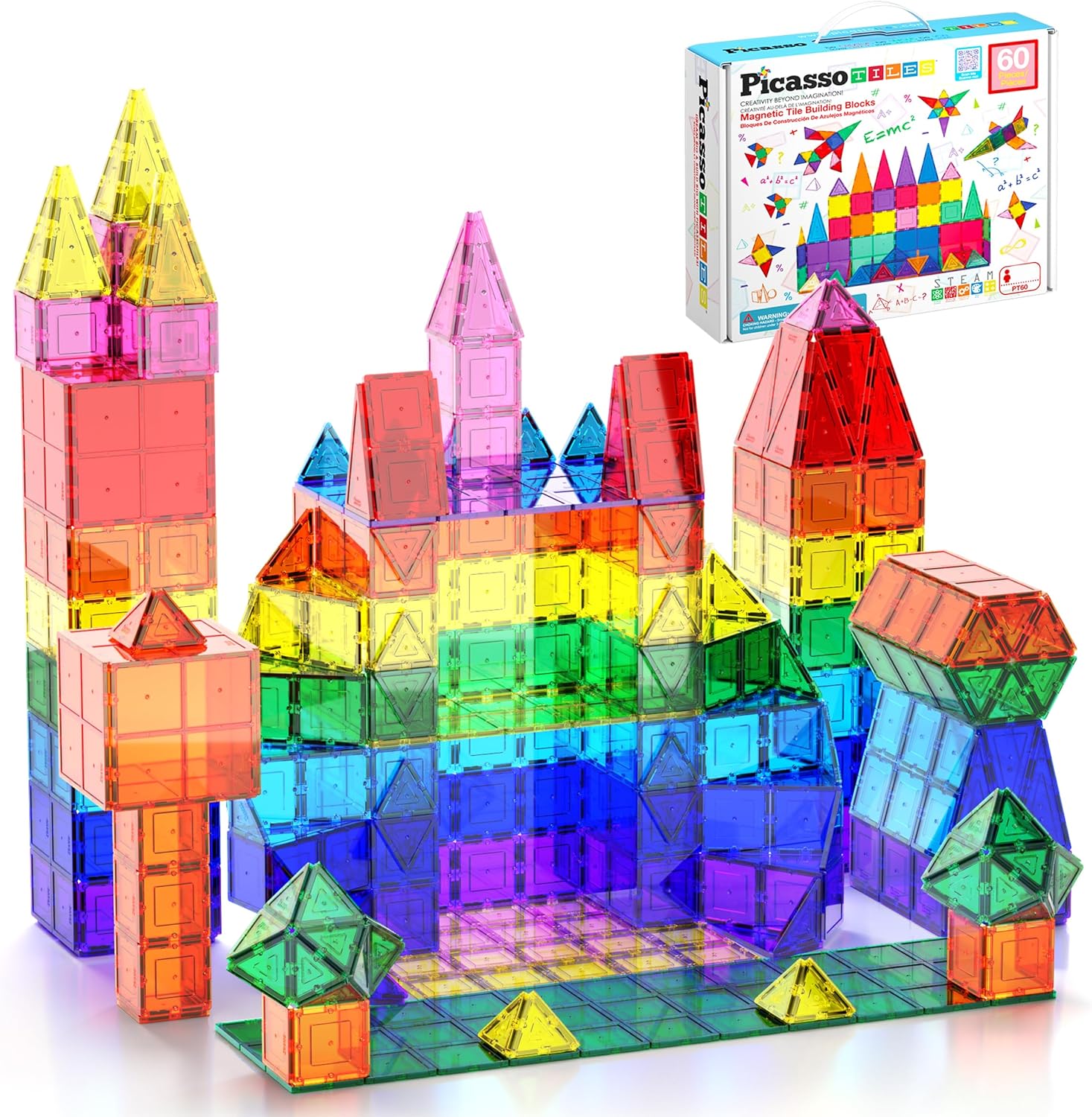 PicassoTiles 60 Piece Magnetic Tiles Clear 3D Building Blocks STEM Ages 3+