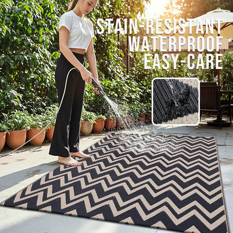 OLANLY Outdoor Rug 5x8 ft Waterproof Reversible Chevron Mat, Black & Beige