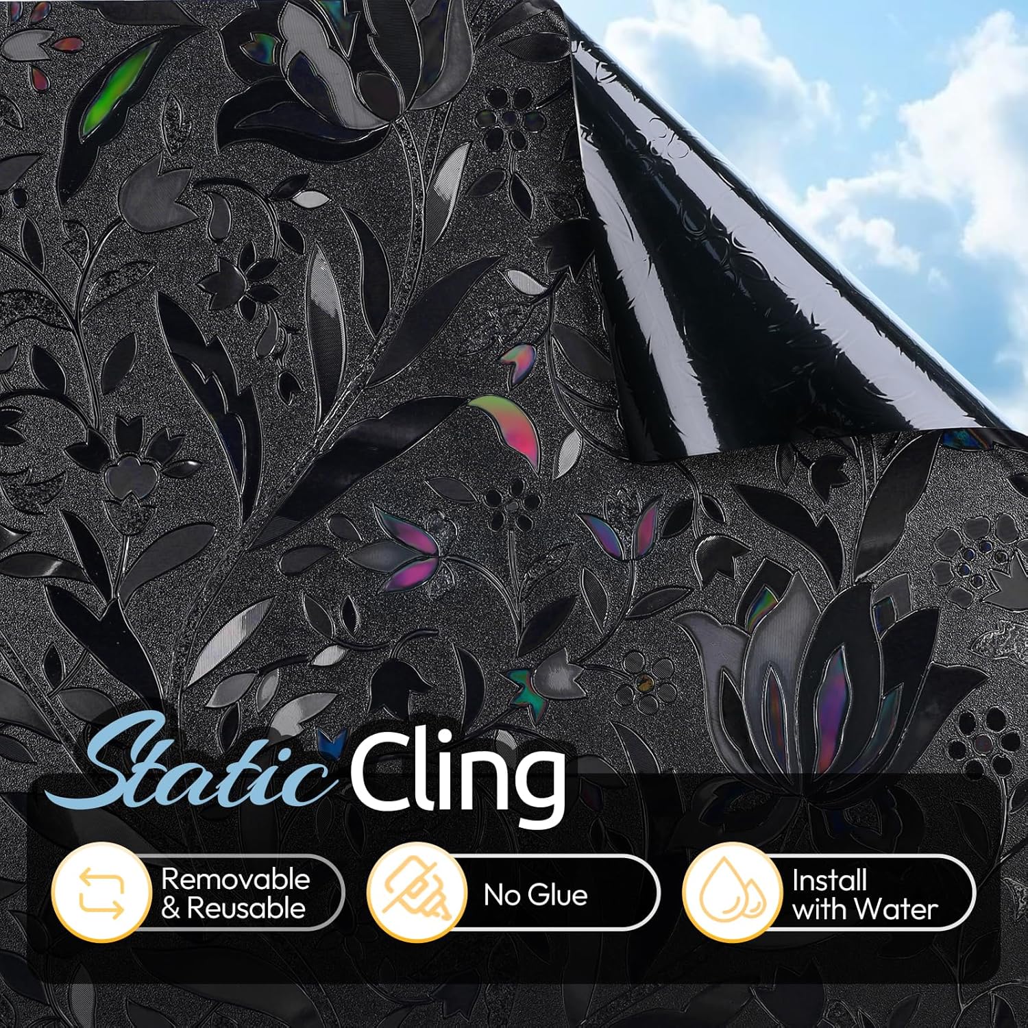 rabbitgoo Total Blackout Window Film, Black Privacy Cling, 17.5" x 157.4"
