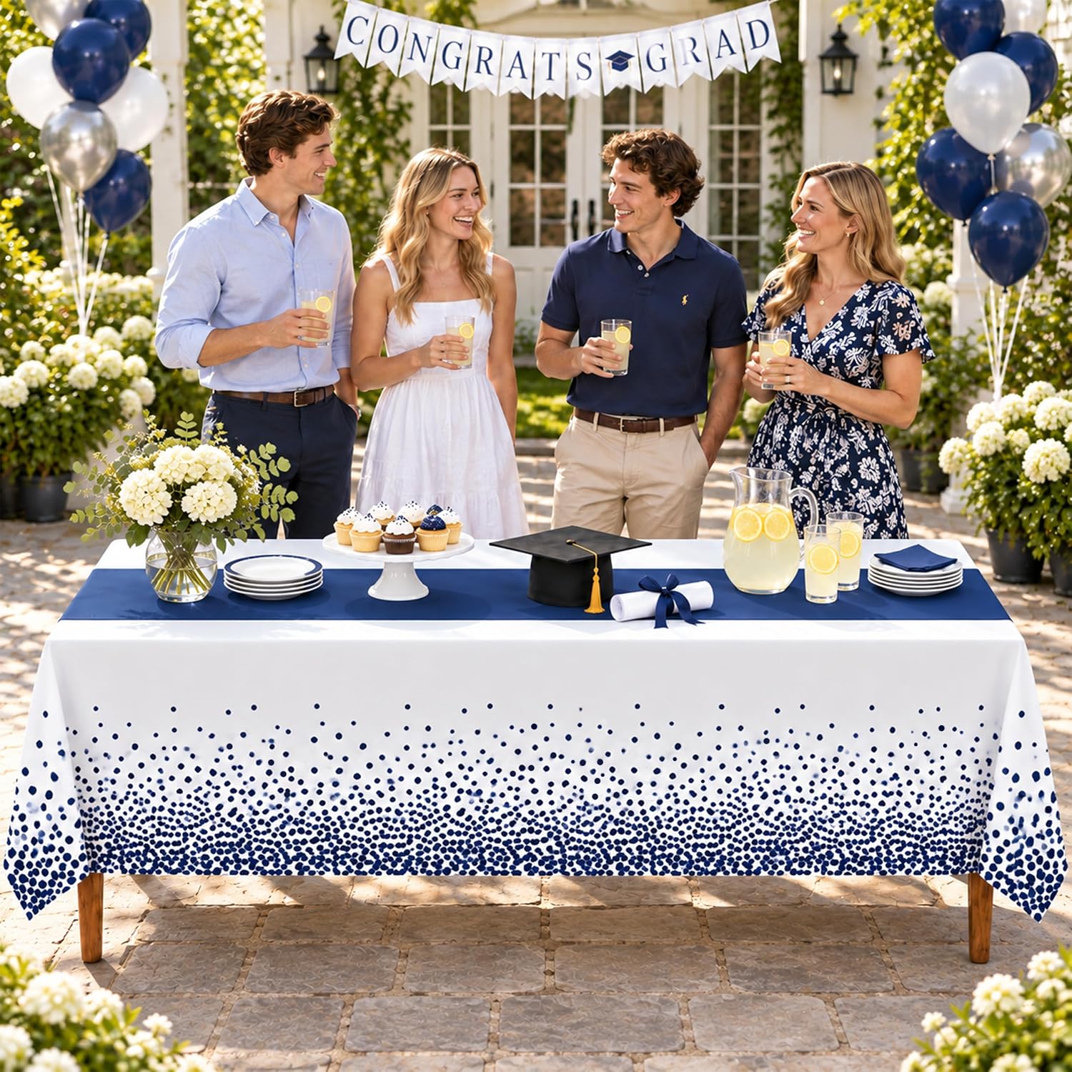 2 Pack White Navy Blue Tablecloths, 54 x 108 Inch Rectangle Covers