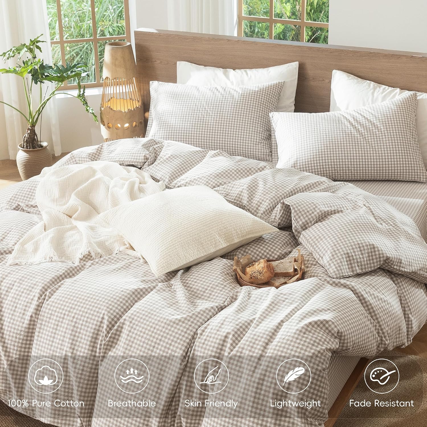 MooMee Gingham Duvet Cover Set 100% Washed Cotton Linen Like