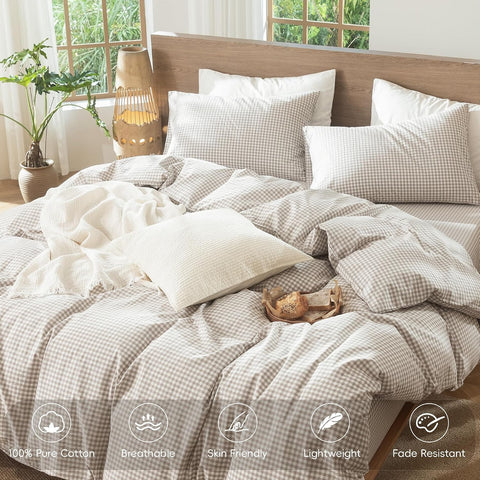 MooMee Gingham Duvet Cover Set 100% Washed Cotton Linen Like