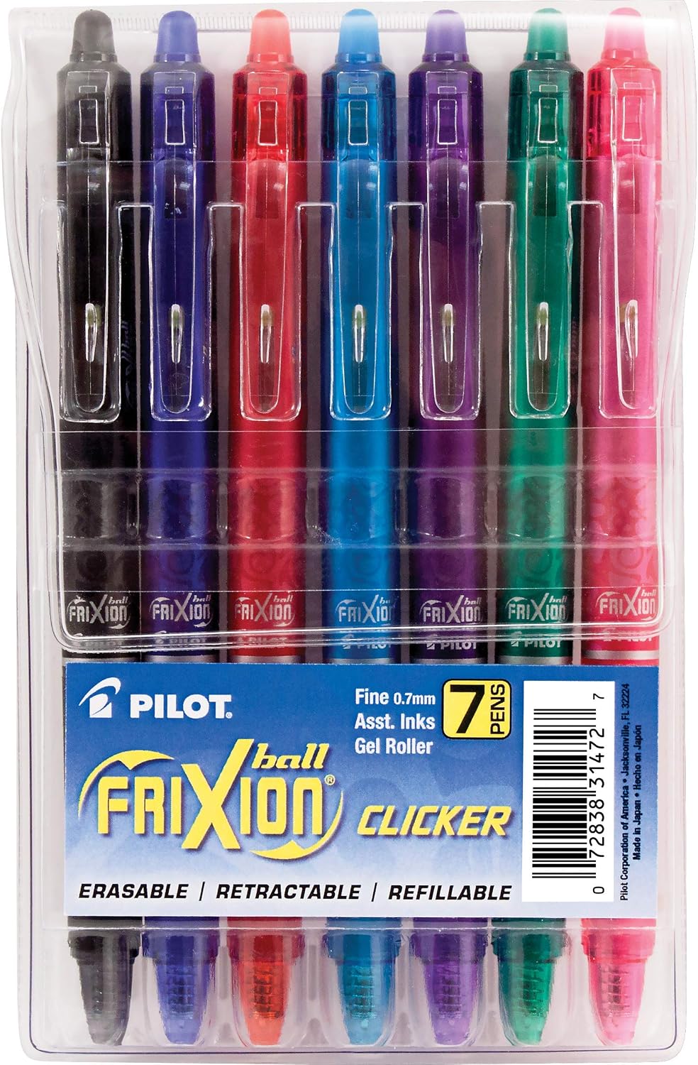 PILOT FriXion Clicker Erasable, Fine Tip 0.7mm, 7 Count Pouch