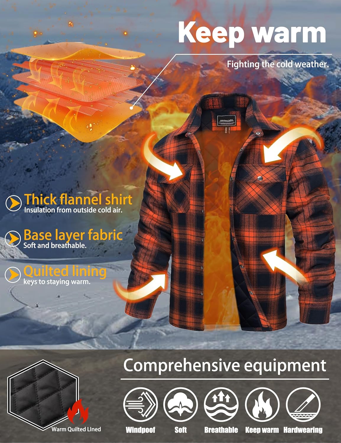TACVASEN Men's Flannel Shirt Quilted Lined Theraml Winter Coat Button Down Insulated Flannel Shirts Jacket
