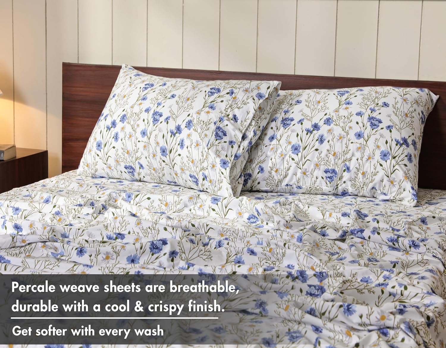 RUVANTI 100% Cotton Queen Sheets, Percale Queen Sheet Set, Sweet Pea