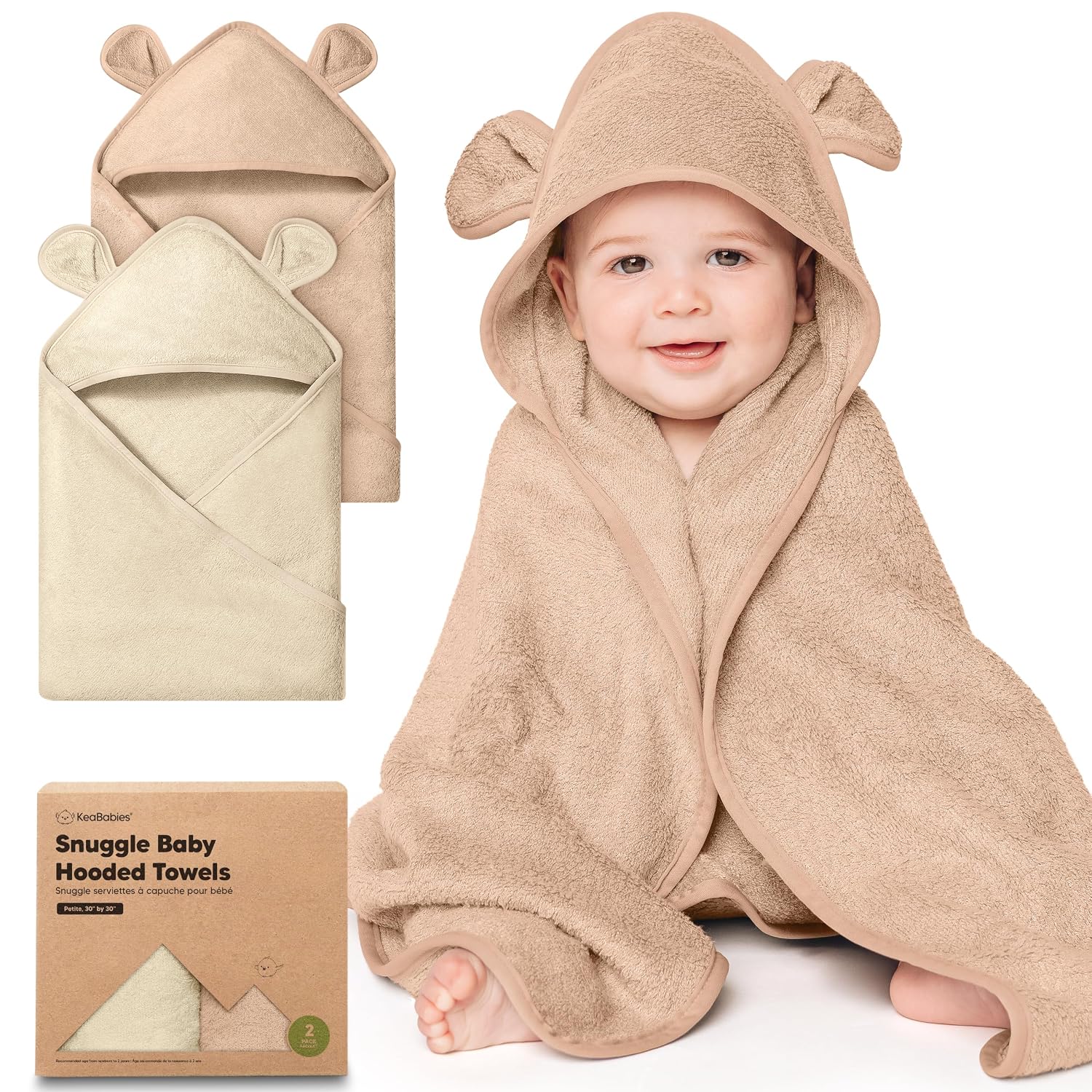 KeaBabies 2-Pack Hooded Baby Towels for Newborn, Kids, Almond, 30x30