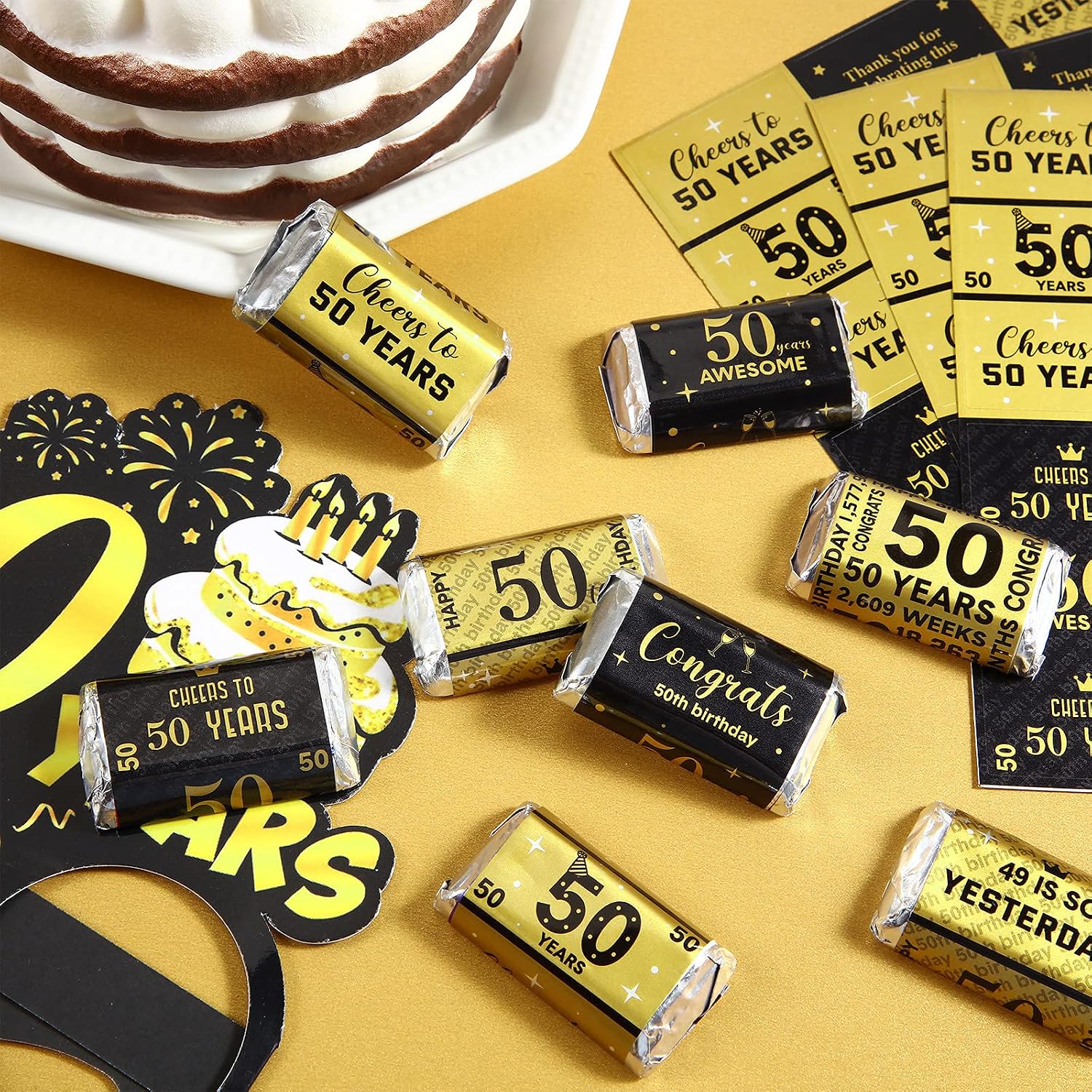 Tenare 90 Pcs 50th Birthday Candy Wrappers, Black and Gold Stickers