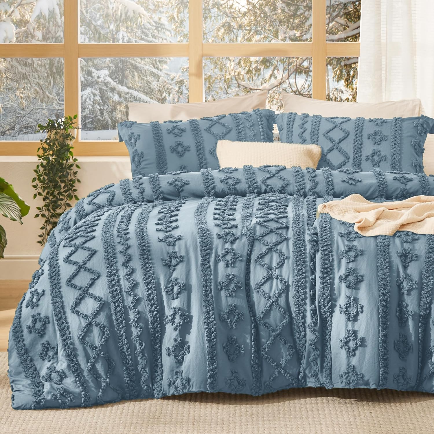 Bedsure Tufted Boho Comforter Set Queen Size - Dusty Blue Boho Bed Set, GentleSoft™ 3 Pieces Farmhouse-Style Embroidery Bedding, Gifts for Woman, Soft Jacquard Kids' Queen Comforter for All Seasons