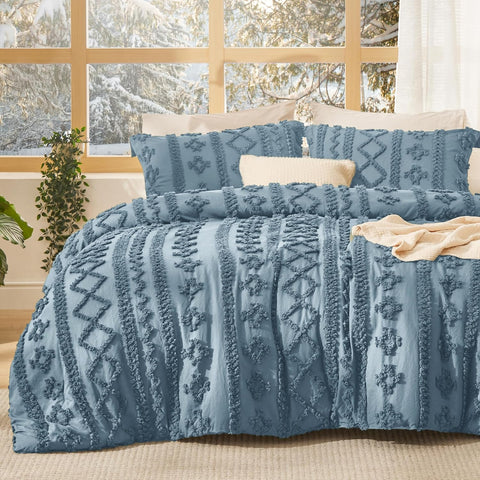 Bedsure Tufted Boho Comforter Set Queen Size - Dusty Blue Boho Bed Set, GentleSoft™ 3 Pieces Farmhouse-Style Embroidery Bedding, Gifts for Woman, Soft Jacquard Kids' Queen Comforter for All Seasons