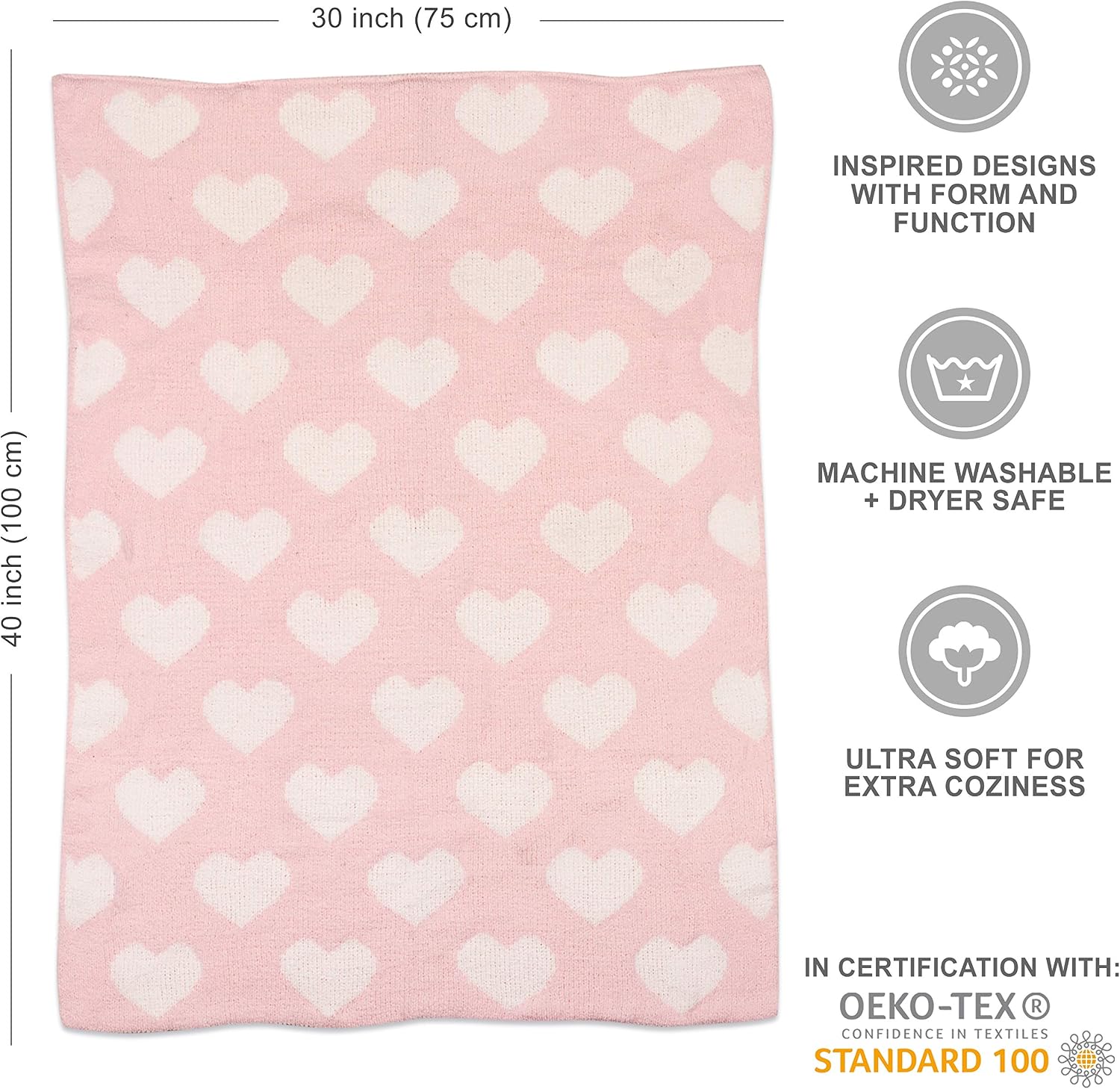Living Textiles Pink Hearts Chenille Girl Baby Blanket Soft & Reversible