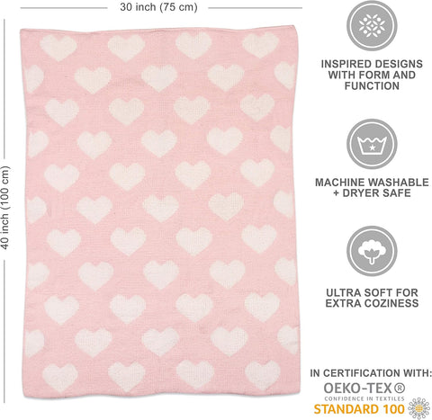 Living Textiles Pink Hearts Chenille Girl Baby Blanket Soft & Reversible