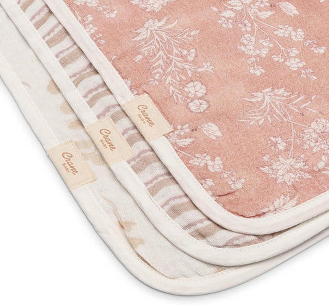 Crane Baby Violet Floral Cotton Muslin Burp Cloth Set, 3 Pack Baby Girl Burp Cloths, Absorbent 100% Cotton Muslin, Pink Burping Cloth for Baby Girl, Soft Burping Cloths for Newborn