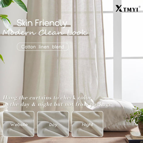 XTMYI 70 Inches Wide Country Curtains for Living Room,Sheer Linen Shabby Chic Curtains for Bedroom Oatmeal 108 Inches Long