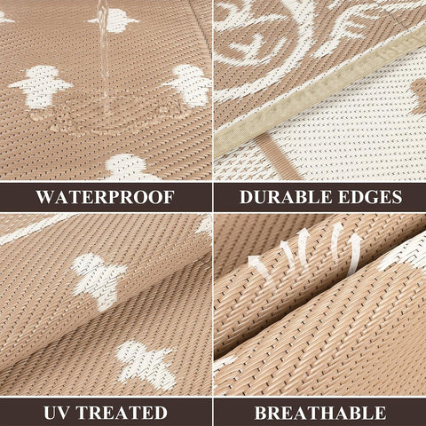 Pauwer Waterproof Outdoor Rug 6x9, Plastic Straw Patio Rug, Bordered Beige