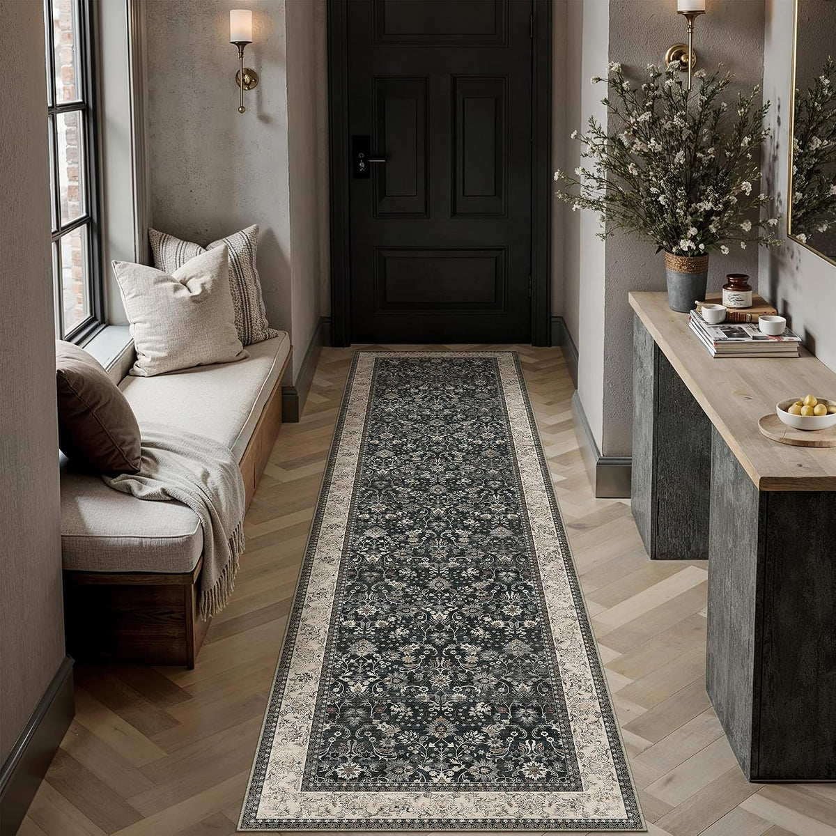 HUGEAR 2x8 Black Beige Vintage Floral Washable Runner Rug for Hallway