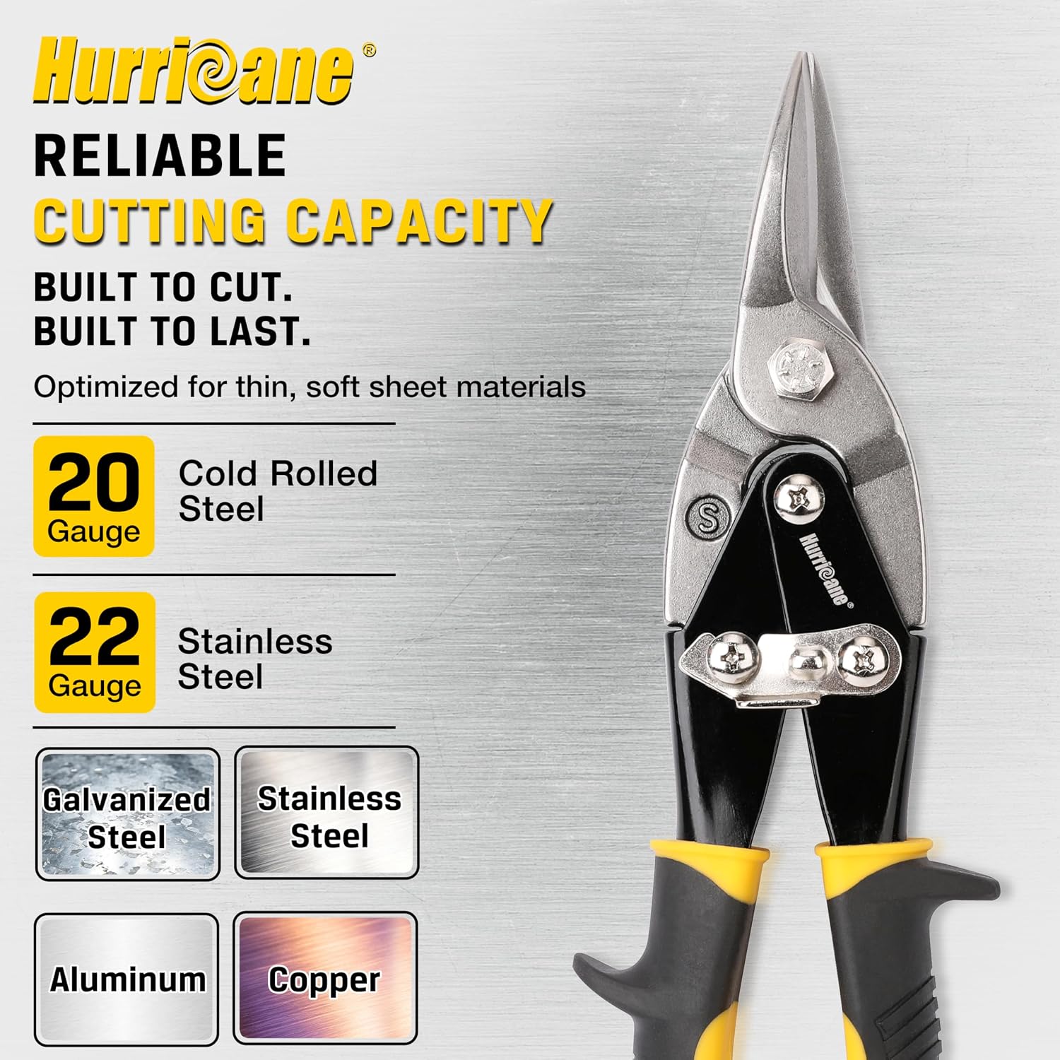 HURRICANE 10 inch Aviation Tin Snips, Straight Cut Metal Shears with Non-Slip Tyregrip Handle, Cr-V Steel Blades Shears for Thin Sheet Metal, Aluminum, Gutter & DIY Projects