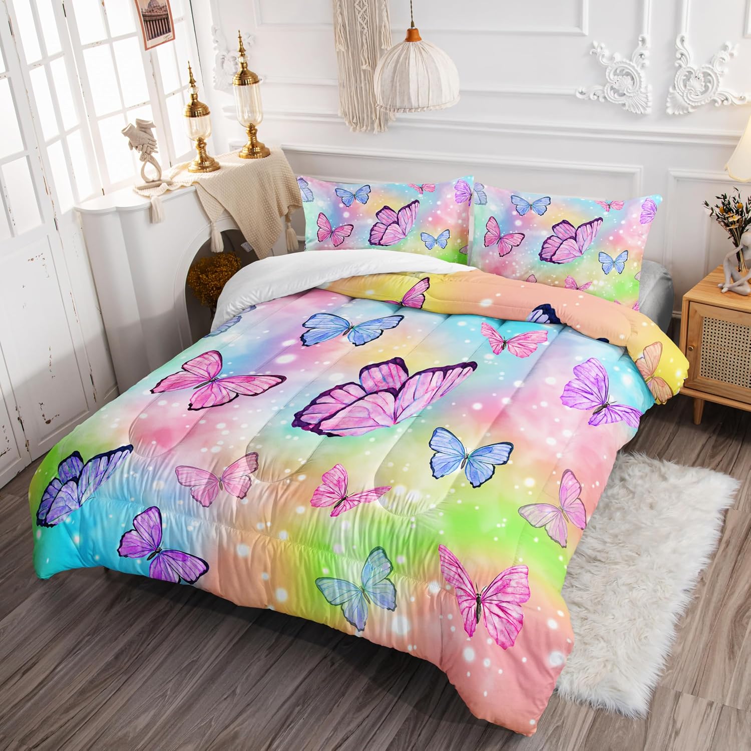 Sunshine Watercolor Butterfly Comforter Set - Rainbow Bedding with 1 Comforter and 2 Pillowcases for Boys and Girls Bedroom - All Season Queen