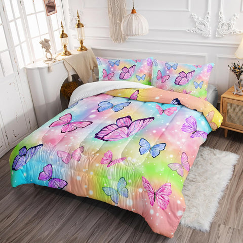 Sunshine Watercolor Butterfly Comforter Set - Rainbow Bedding with 1 Comforter and 2 Pillowcases for Boys and Girls Bedroom - All Season Queen