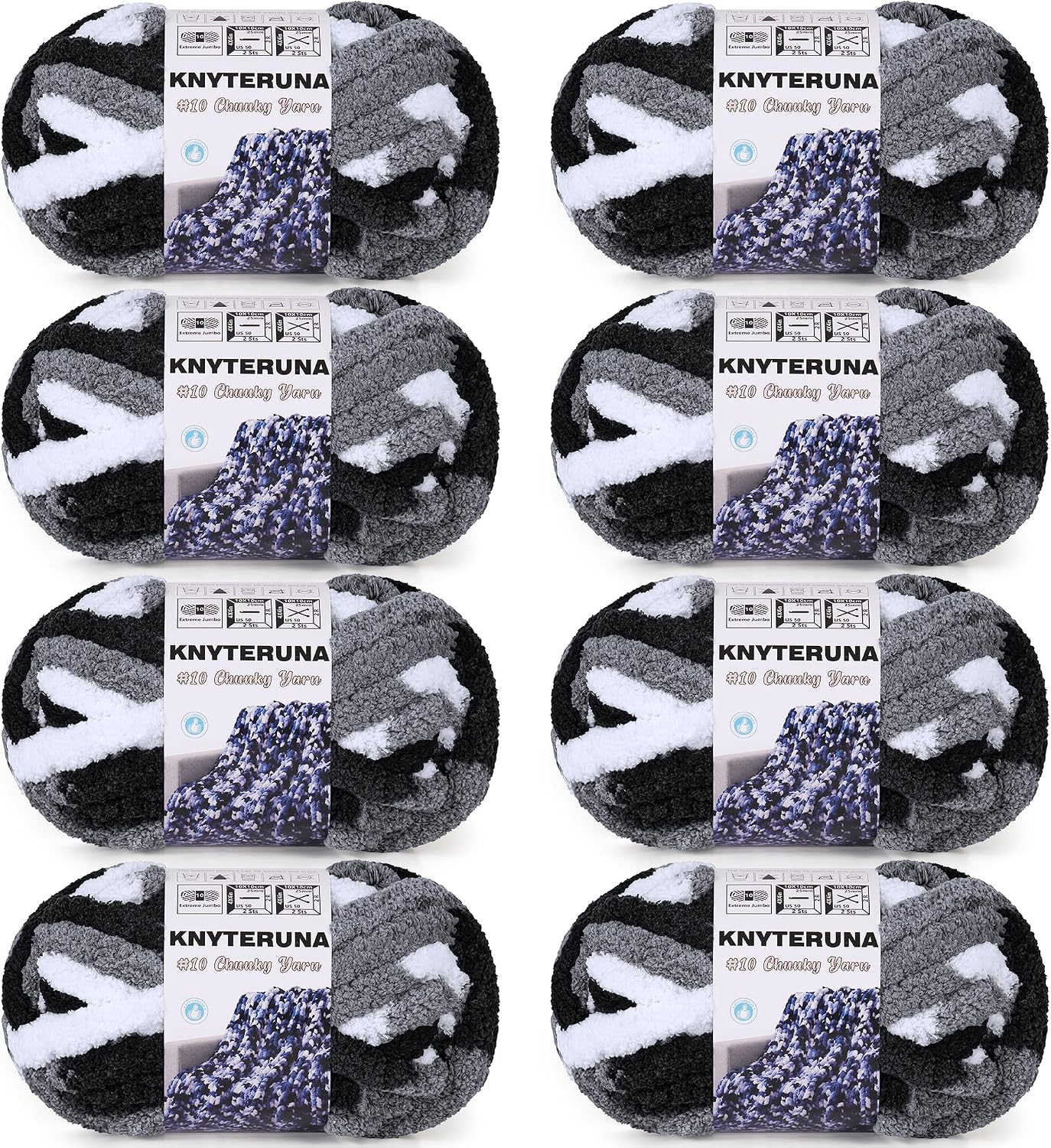 Chunky Yarn for Hand Knitting, #10 Chunky Blanket Chenille Yarn, Bulky Thick Jumbo Yarn, Super Chunky Knit Yarn for Crocheting, 8 Skein (8 oz 20 yds Each Skein), Tie Dye Black & Grey & White