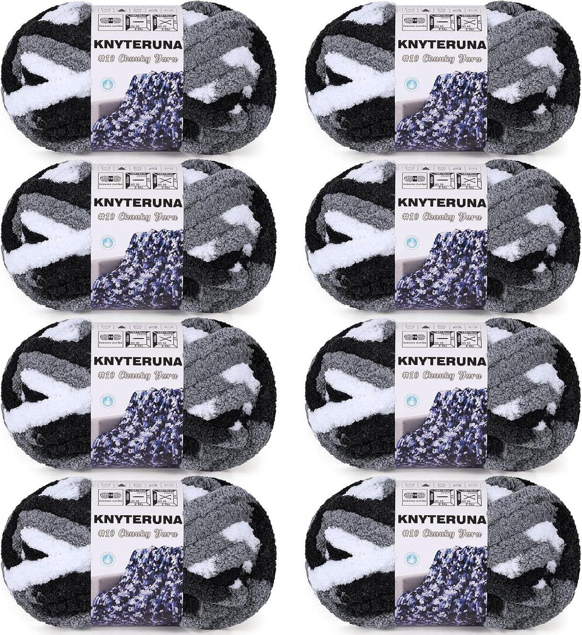 Chunky Yarn for Hand Knitting, #10 Chunky Blanket Chenille Yarn, Bulky Thick Jumbo Yarn, Super Chunky Knit Yarn for Crocheting, 8 Skein (8 oz 20 yds Each Skein), Tie Dye Black & Grey & White