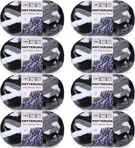 Chunky Yarn for Hand Knitting, #10 Chunky Blanket Chenille Yarn, Bulky Thick Jumbo Yarn, Super Chunky Knit Yarn for Crocheting, 8 Skein (8 oz 20 yds Each Skein), Tie Dye Black & Grey & White