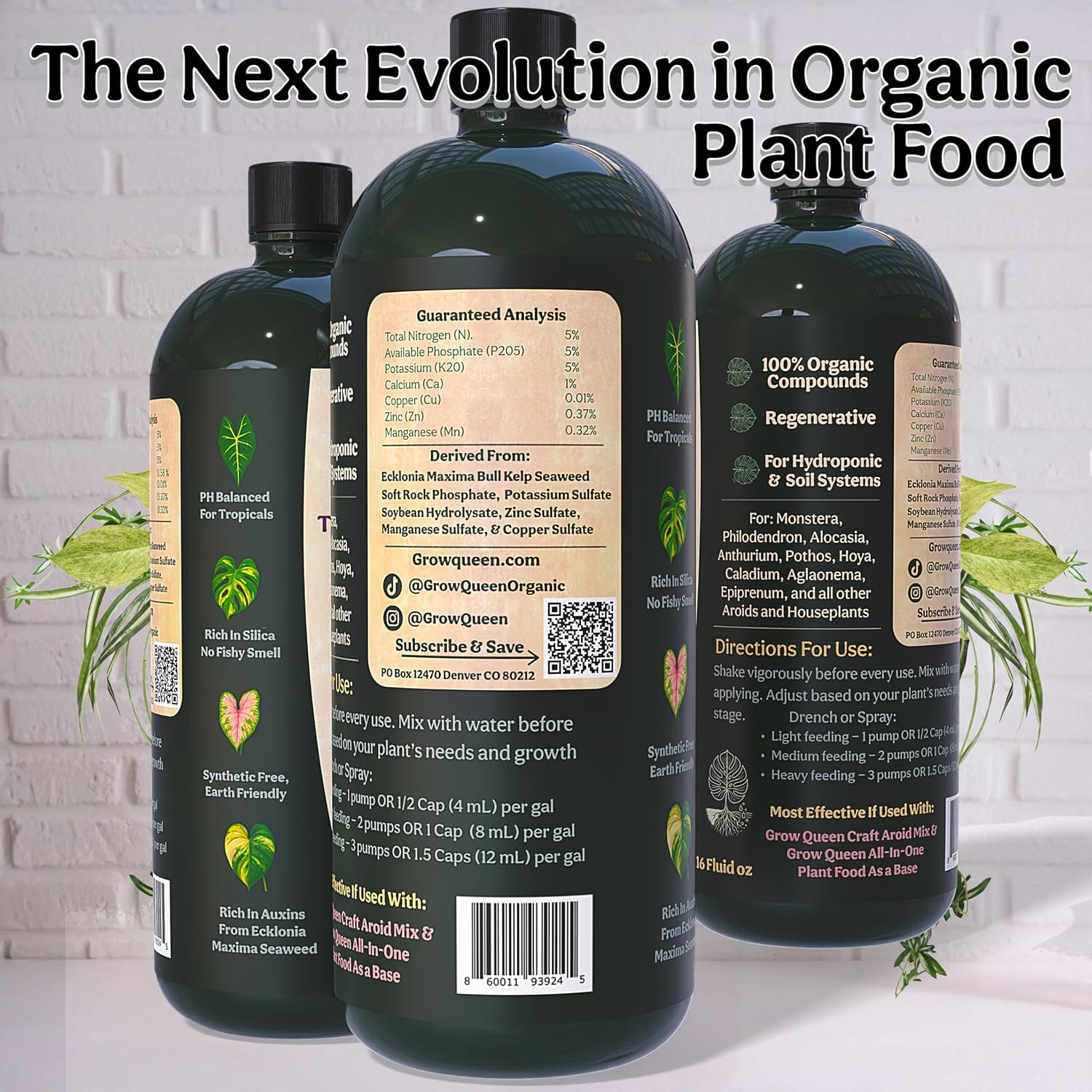 Organic Liquid Indoor Plant Food, Houseplant, Tropical & All-Purpose Indoor Plant Fertilizer, Organic Liquid Fertilizer 5-5-5 with Sea Kelp, 12oz Treats 75 Gallons