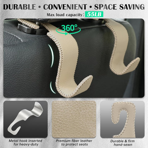 Car Seat Headrest Hook 55lb Heavy Duty Metal Hanger with Leather for Bags
