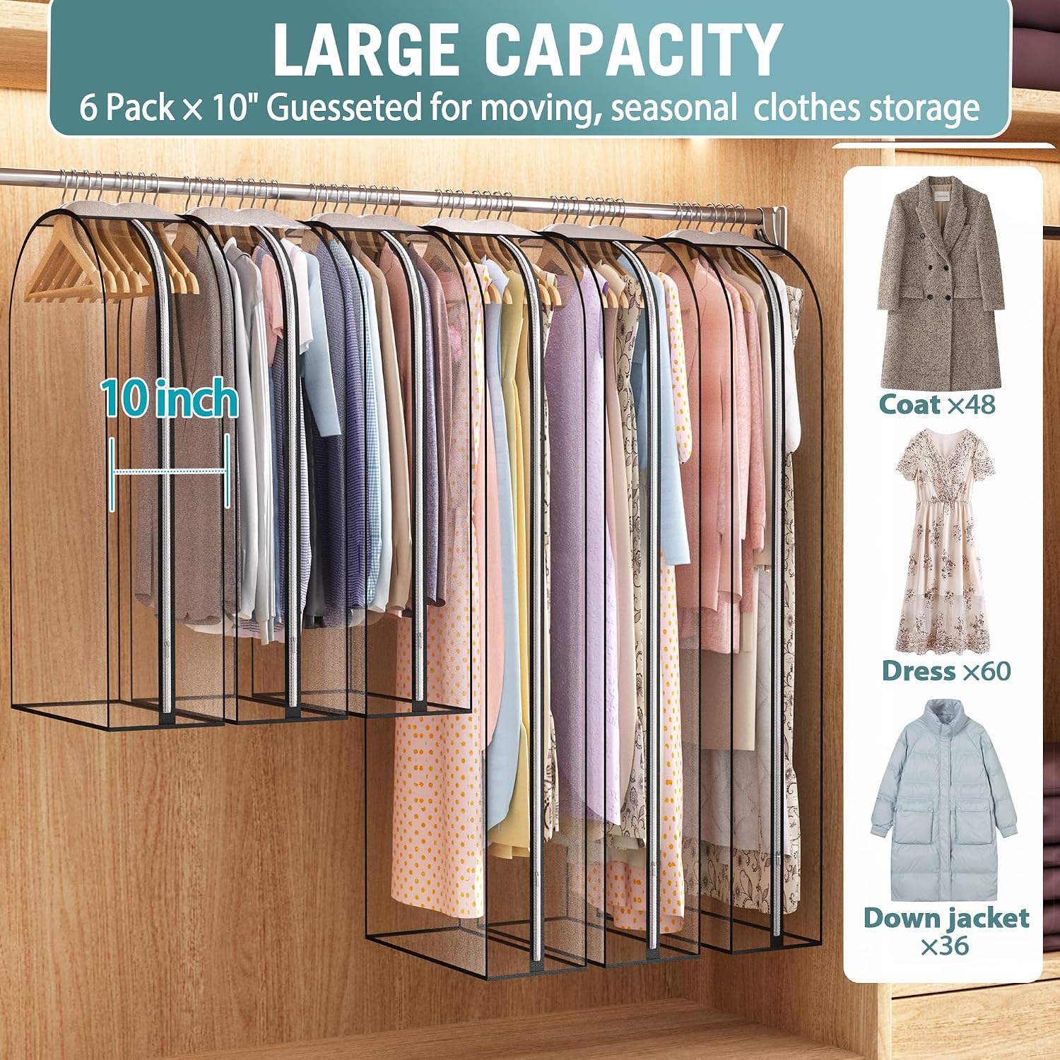 Liuoud Clear Garment Bags for Hanging Clothes 10” Gusseted, 6 Pack, 40”&60”