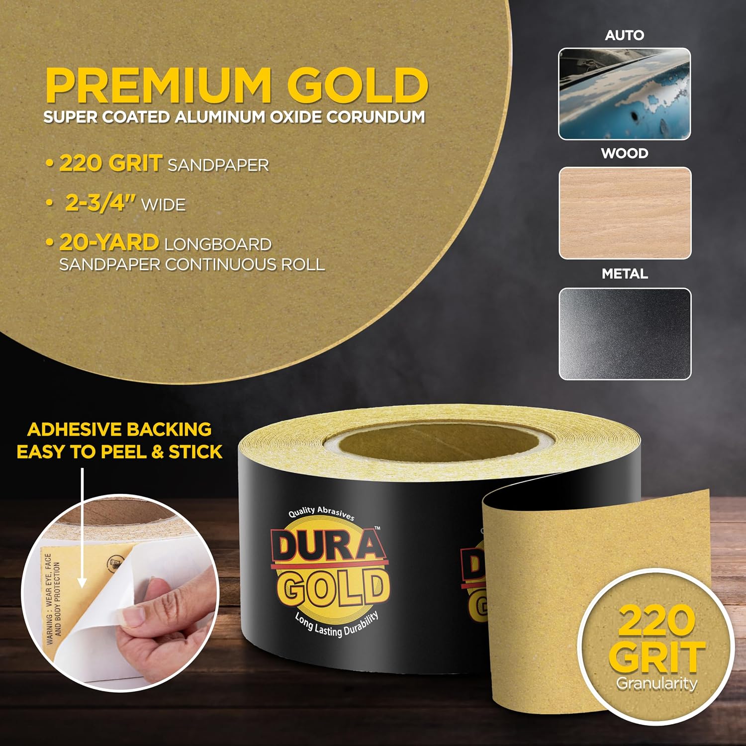 Dura-Gold Gold PSA Longboard Sandpaper, 220 Grit, 20 Yard Roll, 2-3/4" Wide
