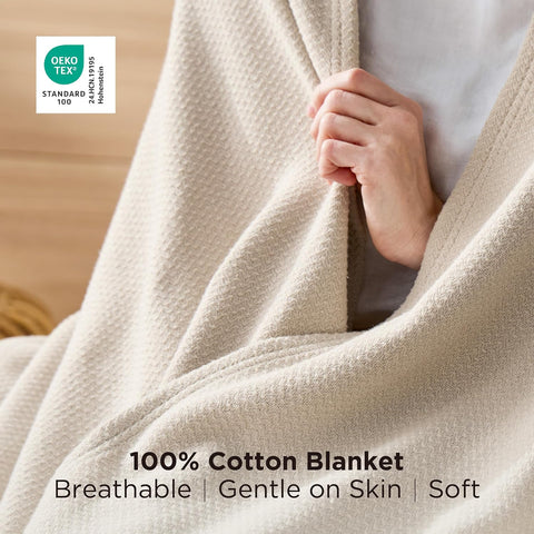 Bedsure 100% Cotton Blanket, Herringbone Weave, Twin-XL, Linen Beige