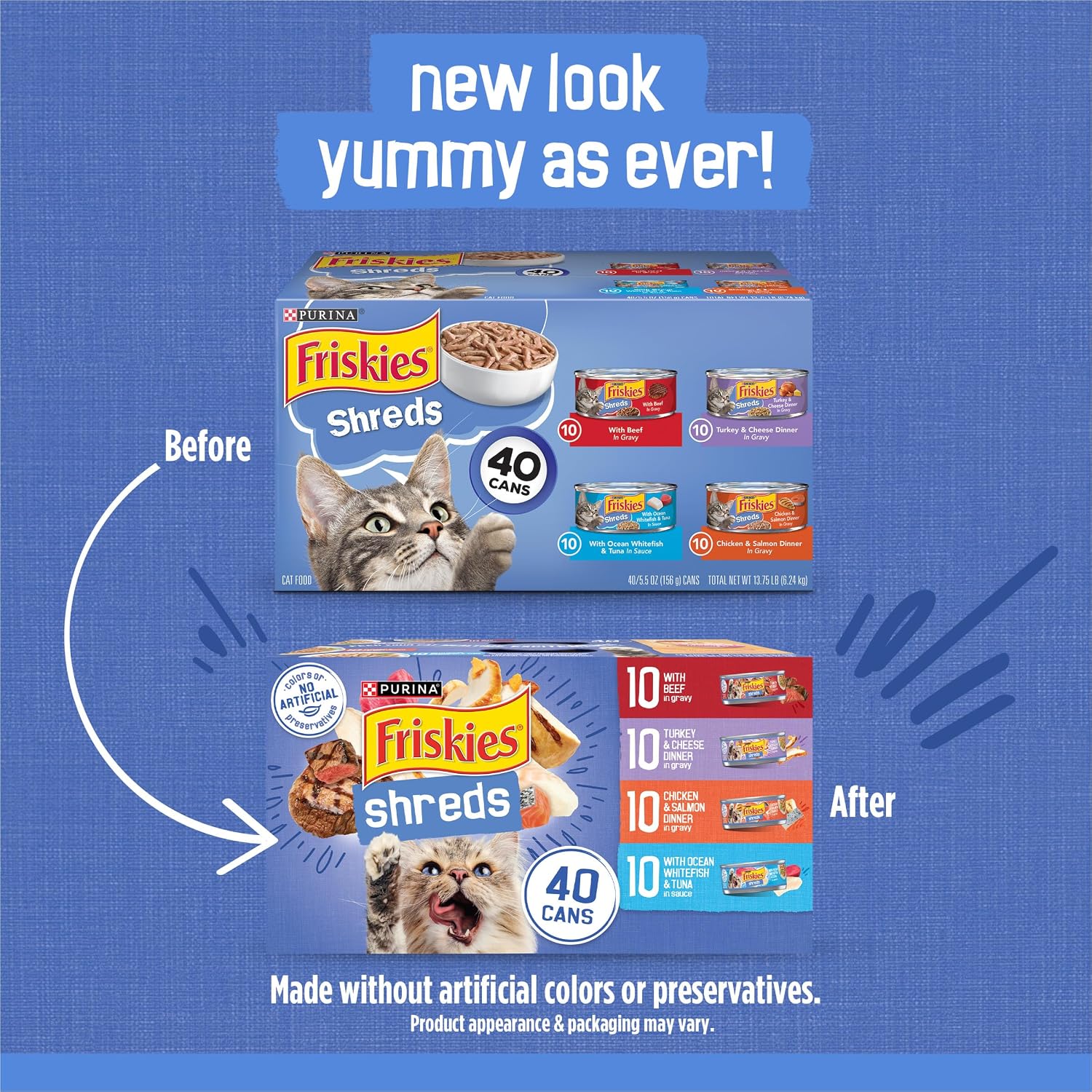 Purina Friskies Wet Cat Food Variety Pack, Shreds, 40 Pack 5.5 oz Cans