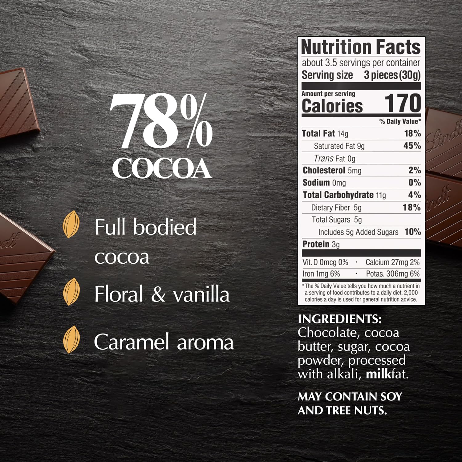 Lindt EXCELLENCE 78% Cocoa Dark Chocolate Candy Bar, 3.5 oz., 12 Pack