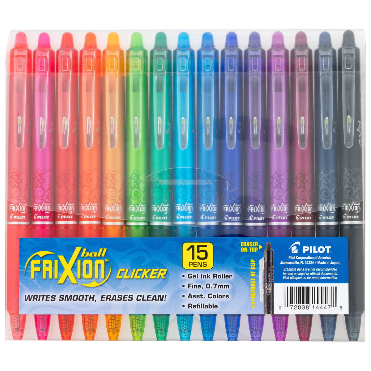 Pilot, FriXion Clicker Erasable Gel Pens, Fine Point 0.7 mm, Pack of 15, Assorted Colors