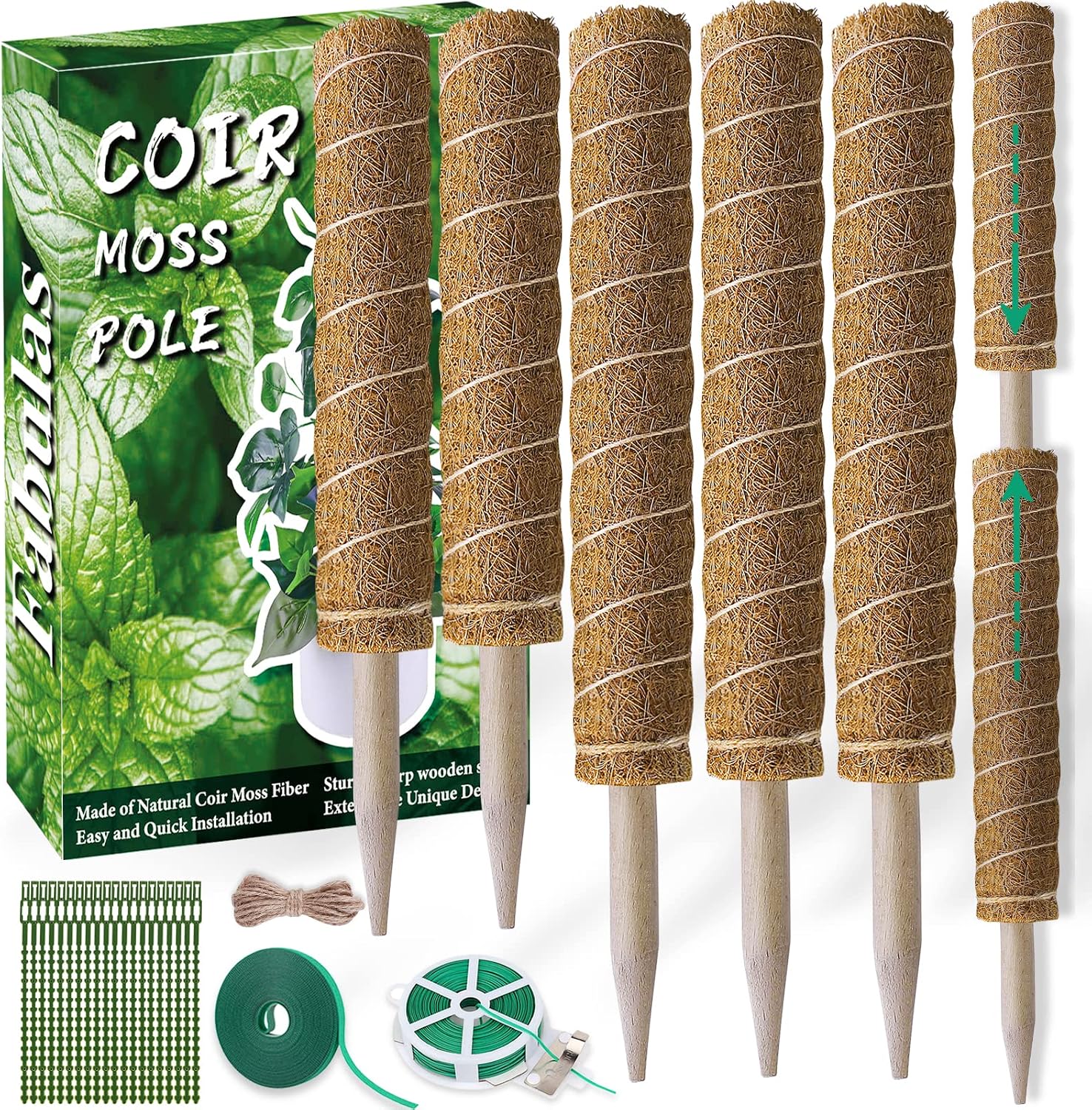 Fabulas Moss Pole 58.7 Inch - Monstera Plant Support 5 Pack, 17.5" and 12" Plant Stakes for Indoor Plants Coco Coir Moss Pole Sticks for Climbing Potted Live Plants, Pothos, Philodendron