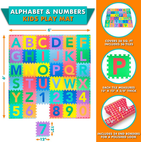 ProSource Kids Puzzle Alphabet, Numbers, 36 Tiles and Edges Play Mat, 12" by 12", Abc & 123