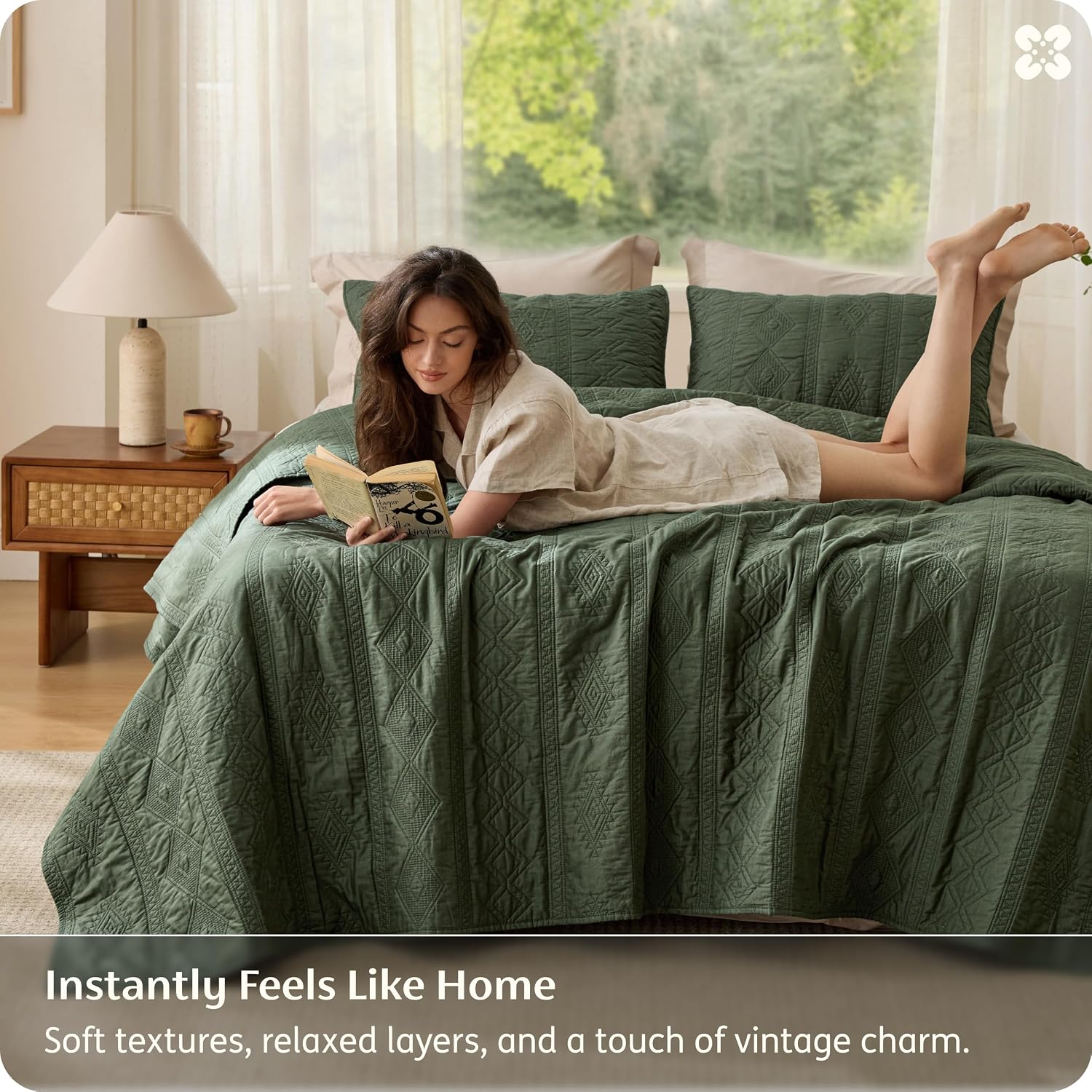 Bedsure PureWoven 100% Cotton Quilt Set, King Bedspread, Olive Green