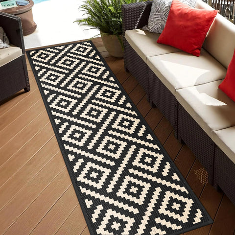 GENIMO Outdoor Rug, Waterproof Plastic Runner Rugs, 2.5'x8' Black Beige