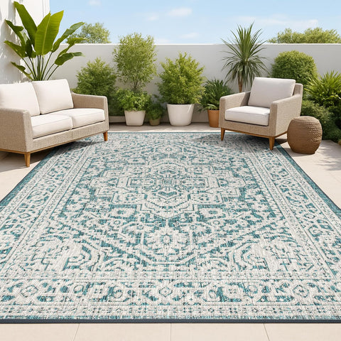 JONATHAN Y Medallion Weave Indoor Outdoor Area Rug 8X10 Teal Blue/Gray, Sinjuri Textured for Backyard, Patio, Porch, Easy-Cleaning, High Traffic, Pet-Friendly, Non-Shedding (SMB101C-8)