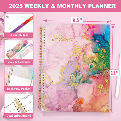 SUNEE 2025 Weekly and Monthly Planner - from January 2025 - December 2025, 8.5"x11" Daily Agenda Planner with Monthly Tab, Flexible Cover, Note Pages, Pockets, Bookmark, Spiral Binding, Marble