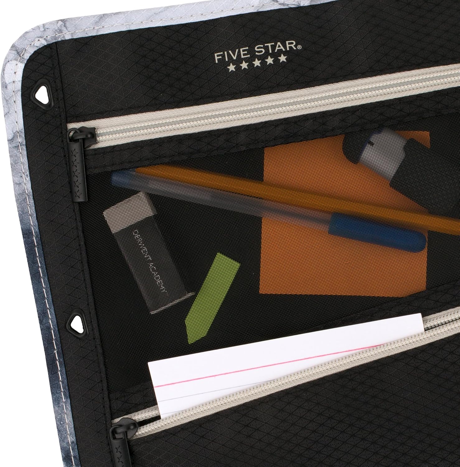Five Star Pencil Pouch, Pen Case, 3-Pocket Zipper Pouch, Fits 3-Ring Binder, Storage Organizer for Classroom Supplies Earbuds Chargers Cables Makeup, Black/Grey (506420A-ECM)