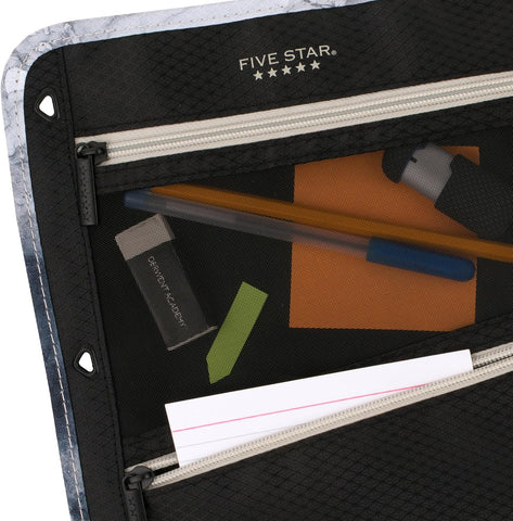 Five Star Pencil Pouch, Pen Case, 3-Pocket Zipper Pouch, Fits 3-Ring Binder, Storage Organizer for Classroom Supplies Earbuds Chargers Cables Makeup, Black/Grey (506420A-ECM)
