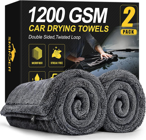 SMINDER 2-Pack 1200 GSM Car Drying Towels – Microfiber Towels for Cars (36" x 24"), Ultra-Absorbent, Streak-Free, Scratch-Free, No Water Spots, Double-Twist Pile & Edgeless Design